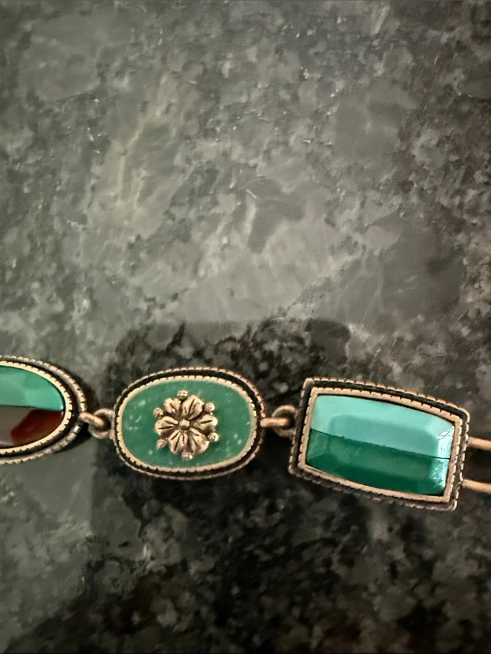 Vintage Brass Green & Brown Glass Link Bracelet Ornate Floral Statement